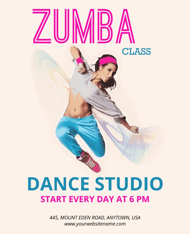 Zumba dance flyer template with vibrant colors and energetic imagery.